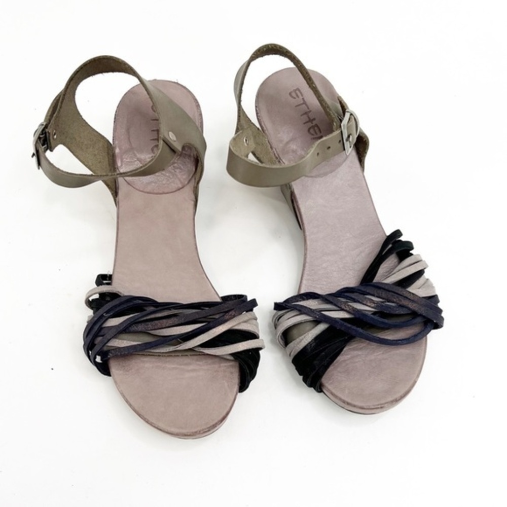 Ethem Tiurai Neutral & Navy Shimmer Wedge Sandals, Size 36
